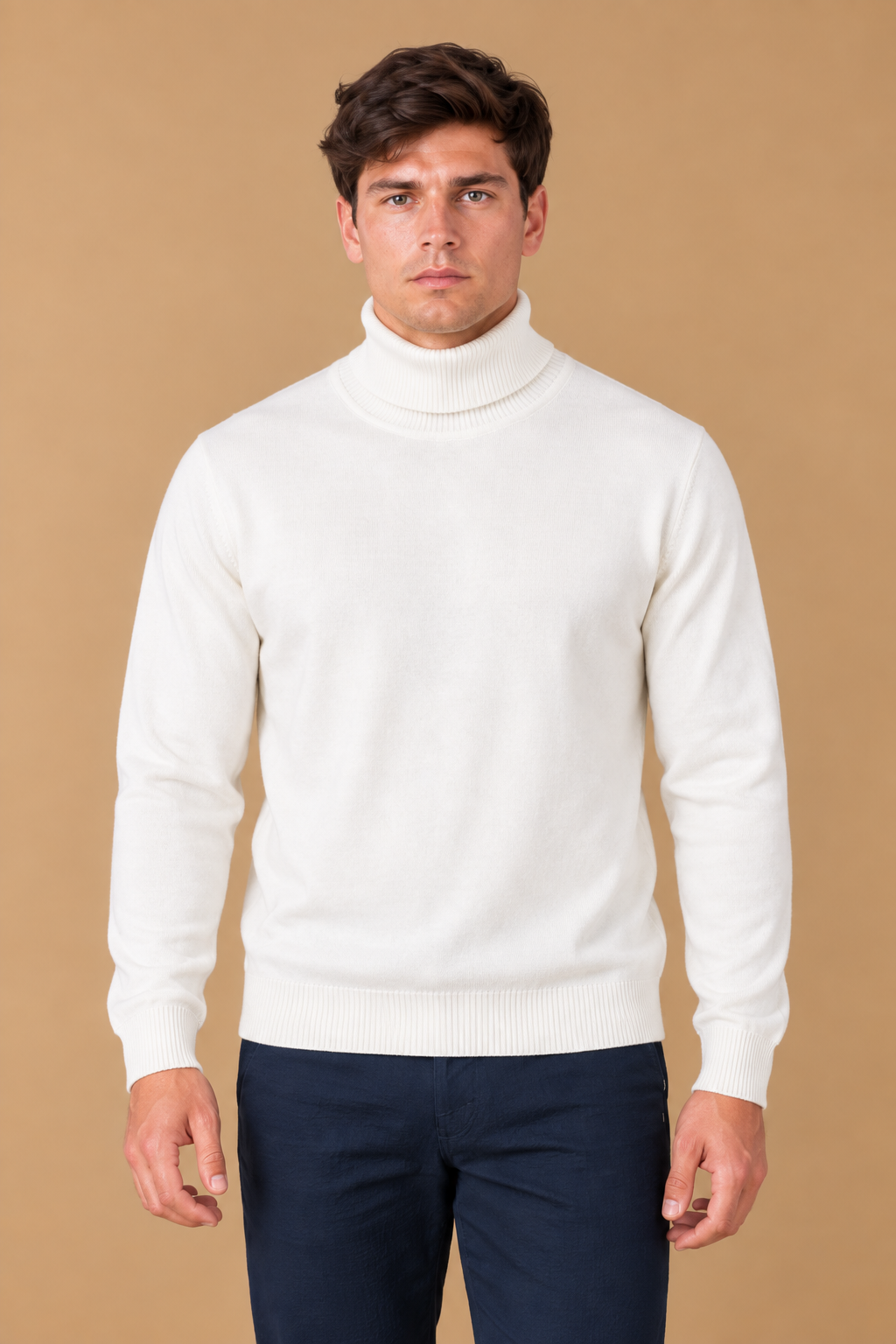 Men’s White Cotton Turtleneck Sweater – Regular Fit Full Sleeve Knitted Pullover