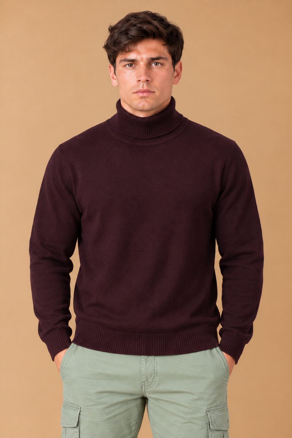 Men’s Wine Cotton Turtleneck Sweater – Regular Fit Full Sleeve Knitted Pullover