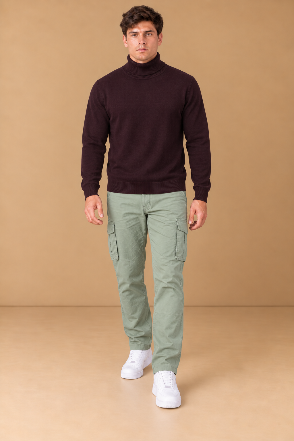 Men’s Wine Cotton Turtleneck Sweater – Regular Fit Full Sleeve Knitted Pullover
