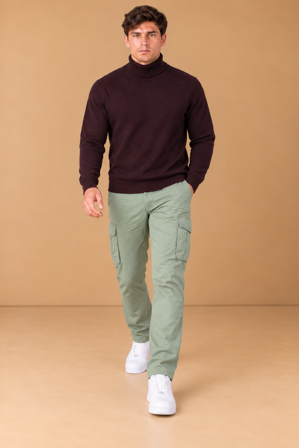 Men’s Wine Cotton Turtleneck Sweater – Regular Fit Full Sleeve Knitted Pullover