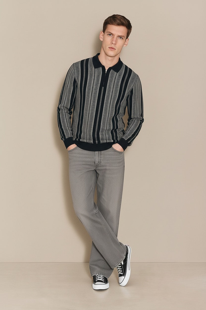 Men Navy Striped Polo Neck Sweater