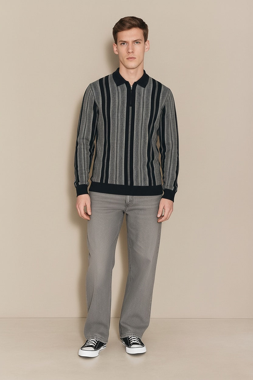 Men Navy Striped Polo Neck Sweater