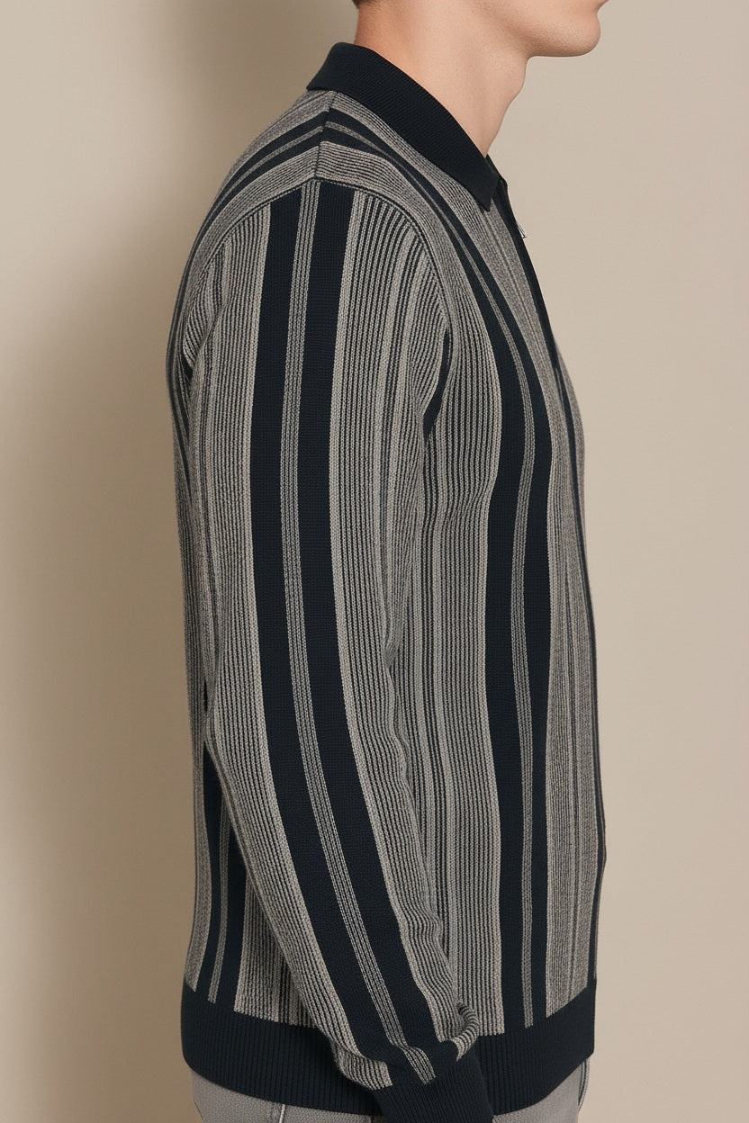 Men Navy Striped Polo Neck Sweater
