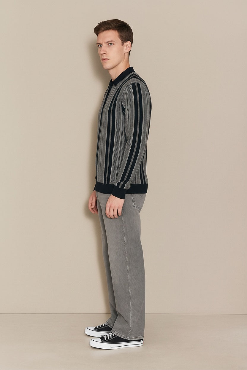 Men Navy Striped Polo Neck Sweater