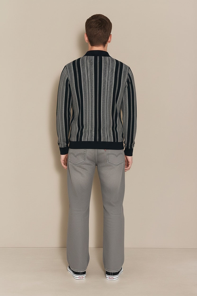 Men Navy Striped Polo Neck Sweater