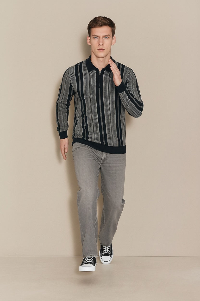 Men Navy Striped Polo Neck Sweater