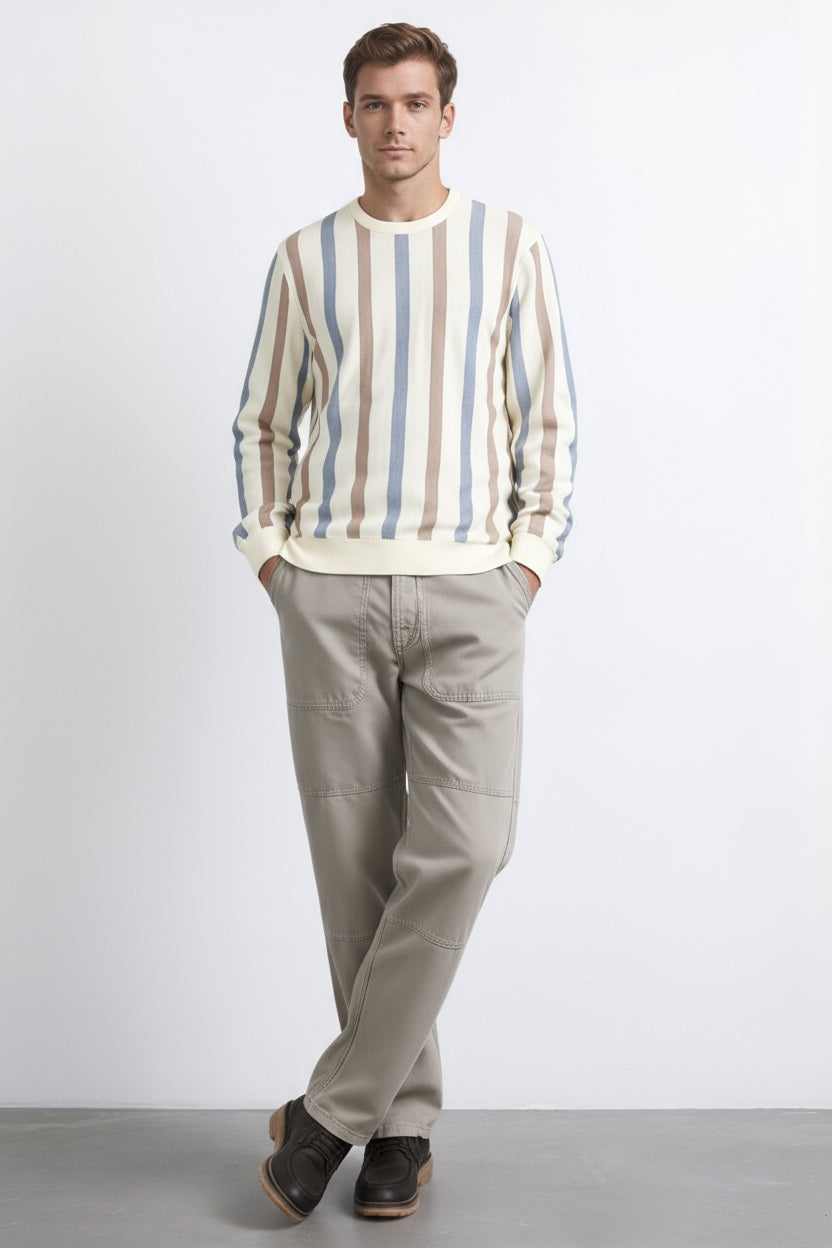 Men Khaki Melange Striped  Round Neck Pullover Sweater