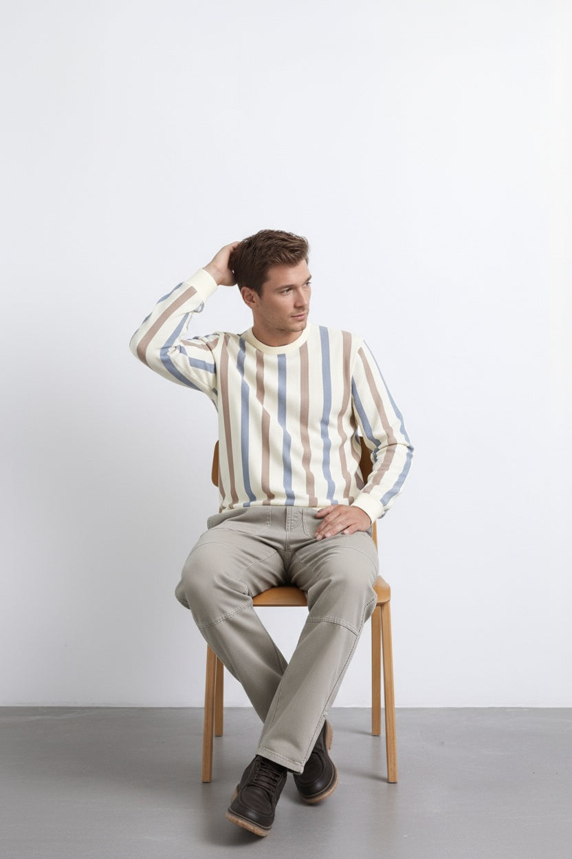 Men Khaki Melange Striped  Round Neck Pullover Sweater