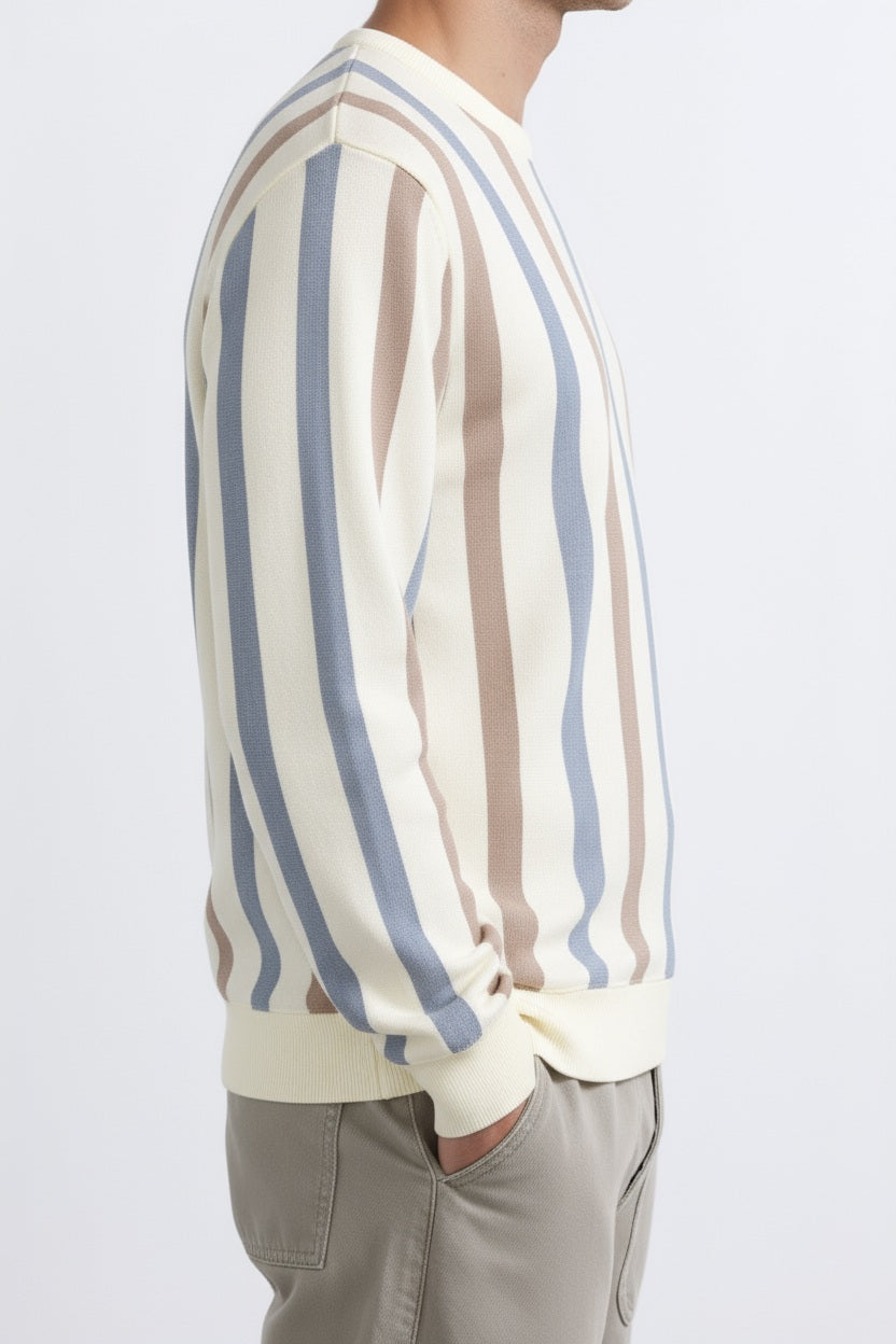 Men Khaki Melange Striped  Round Neck Pullover Sweater