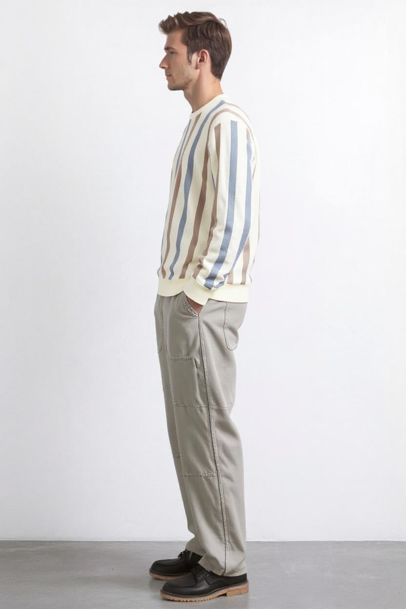 Men Khaki Melange Striped  Round Neck Pullover Sweater
