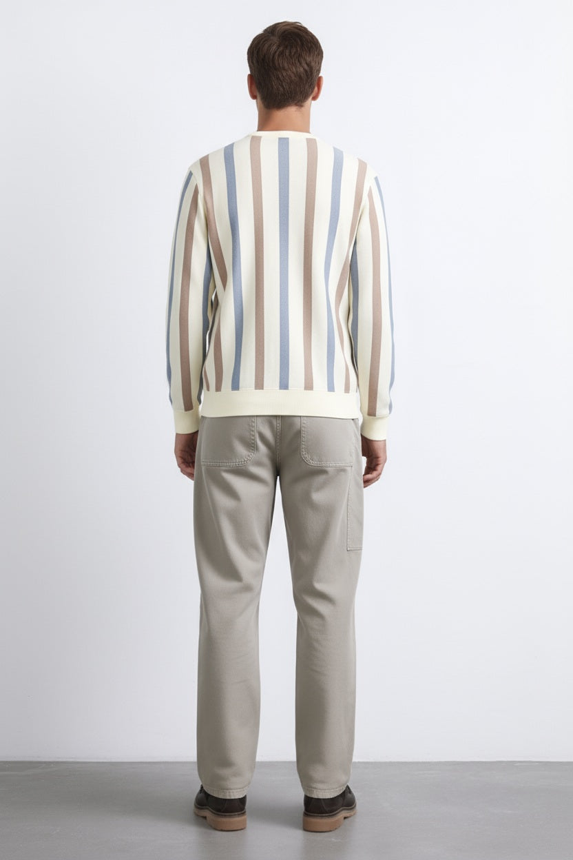 Men Khaki Melange Striped  Round Neck Pullover Sweater