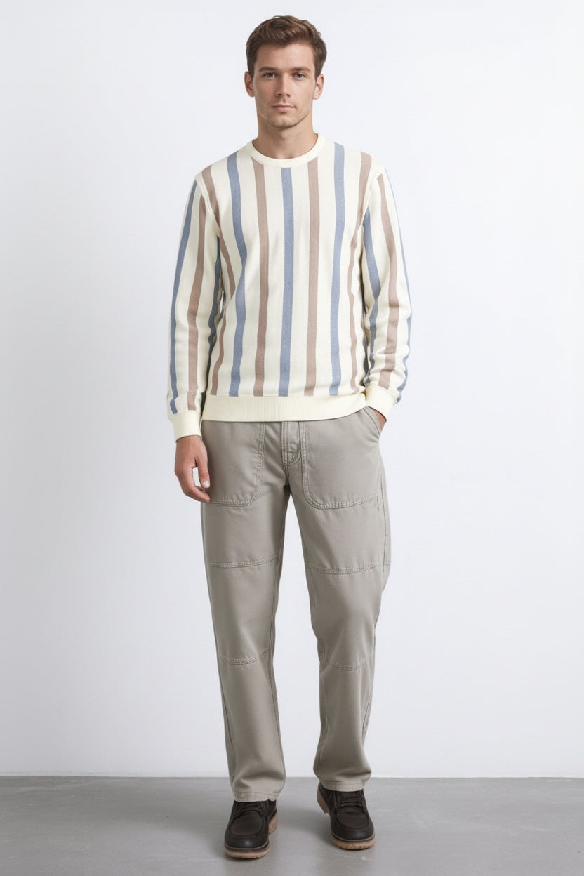 Men Khaki Melange Striped  Round Neck Pullover Sweater