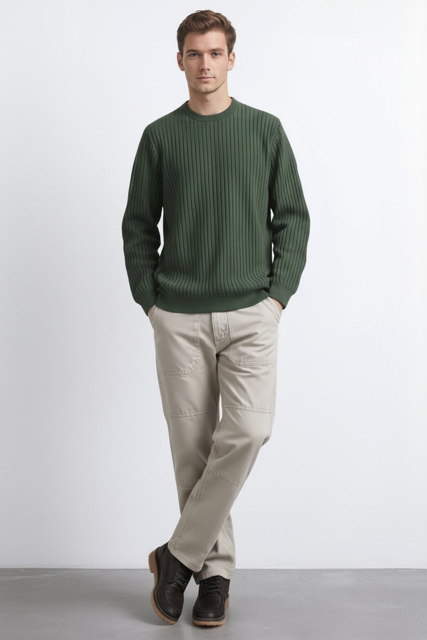 Men Olive Striped Round Neck Pullover Sweater