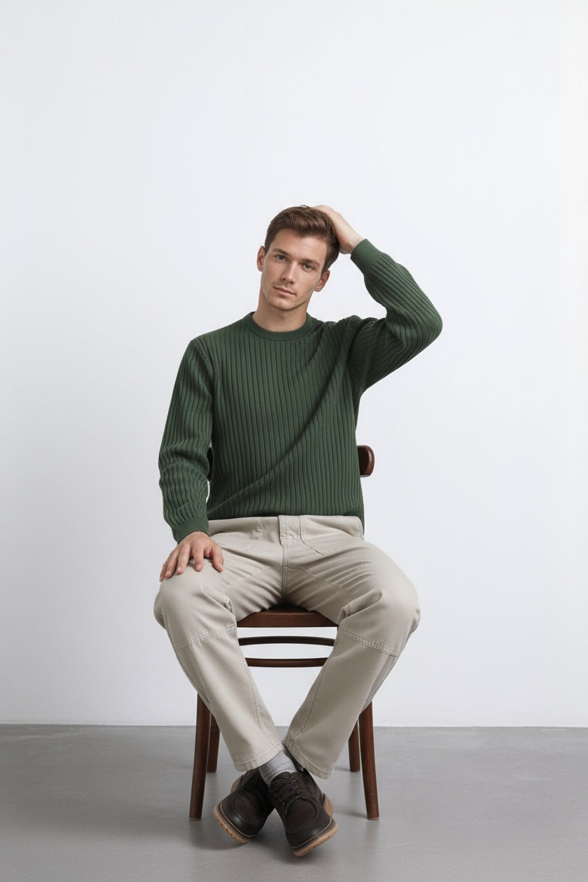 Men Olive Striped Round Neck Pullover Sweater
