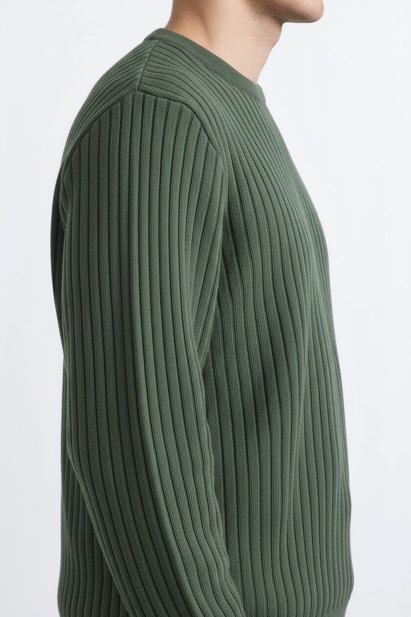 Men Olive Striped Round Neck Pullover Sweater
