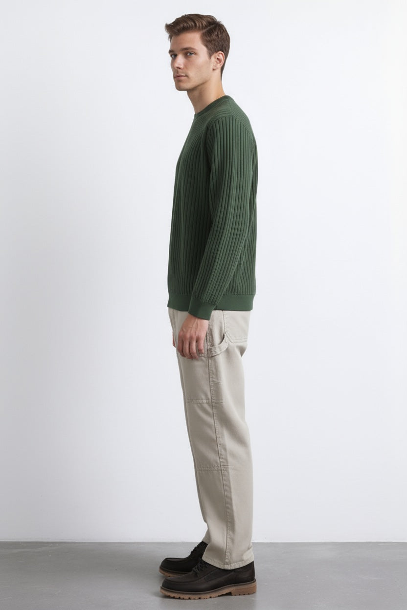 Men Olive Striped Round Neck Pullover Sweater