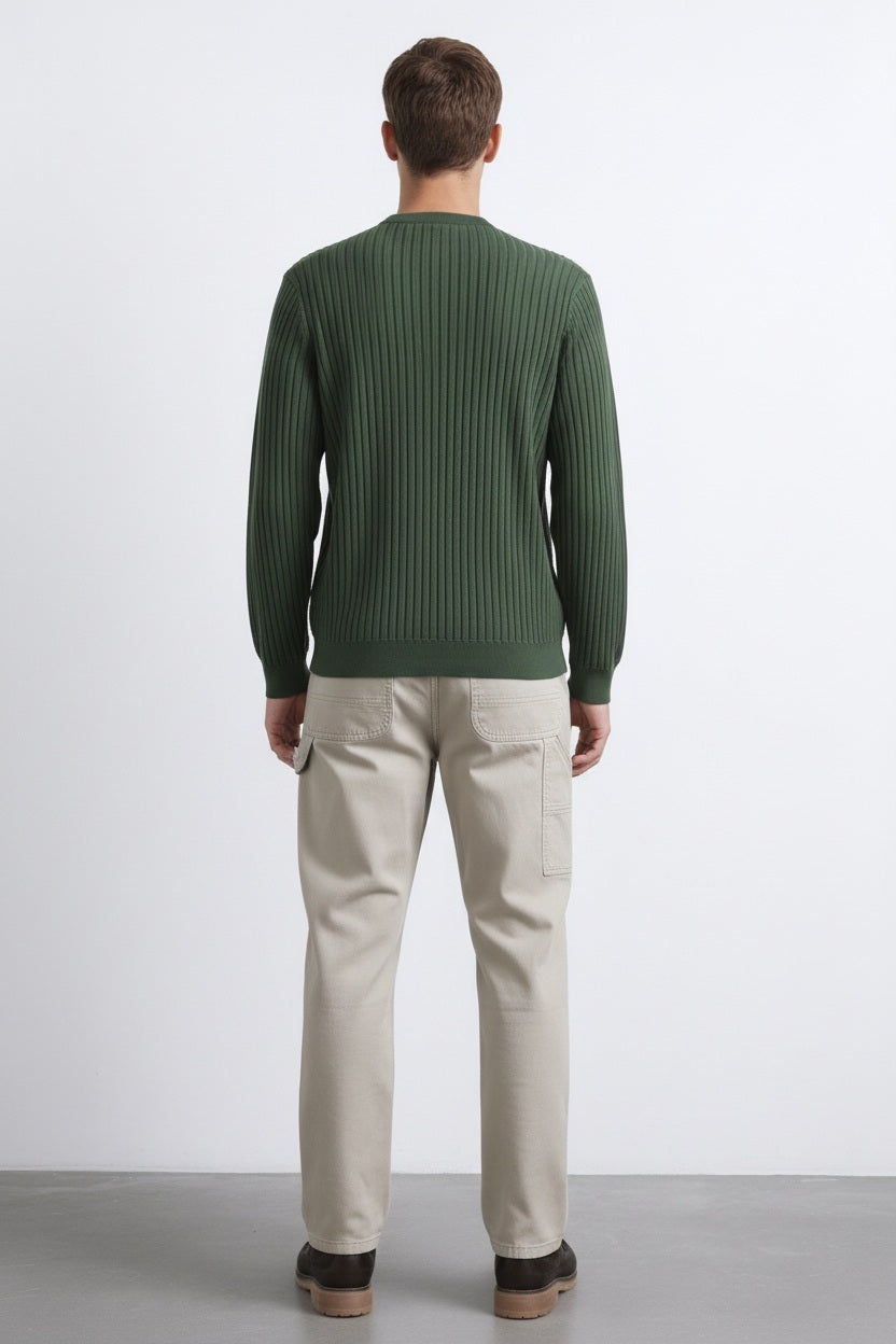 Men Olive Striped Round Neck Pullover Sweater