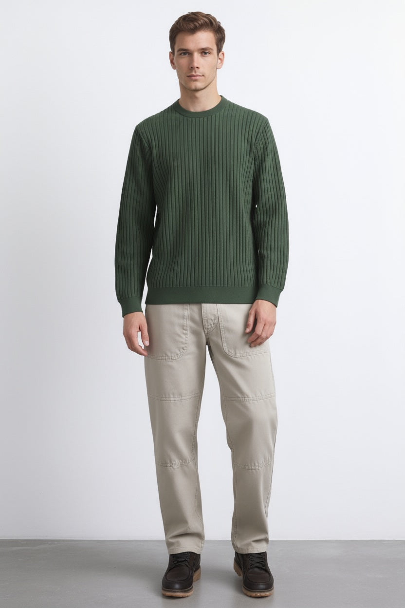 Men Olive Striped Round Neck Pullover Sweater