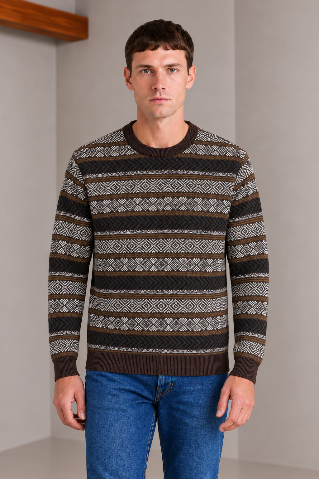 Men’s Espresso Cotton Jacquard Sweater – Regular Fit Geometric Crew Neck Knitted Pullover