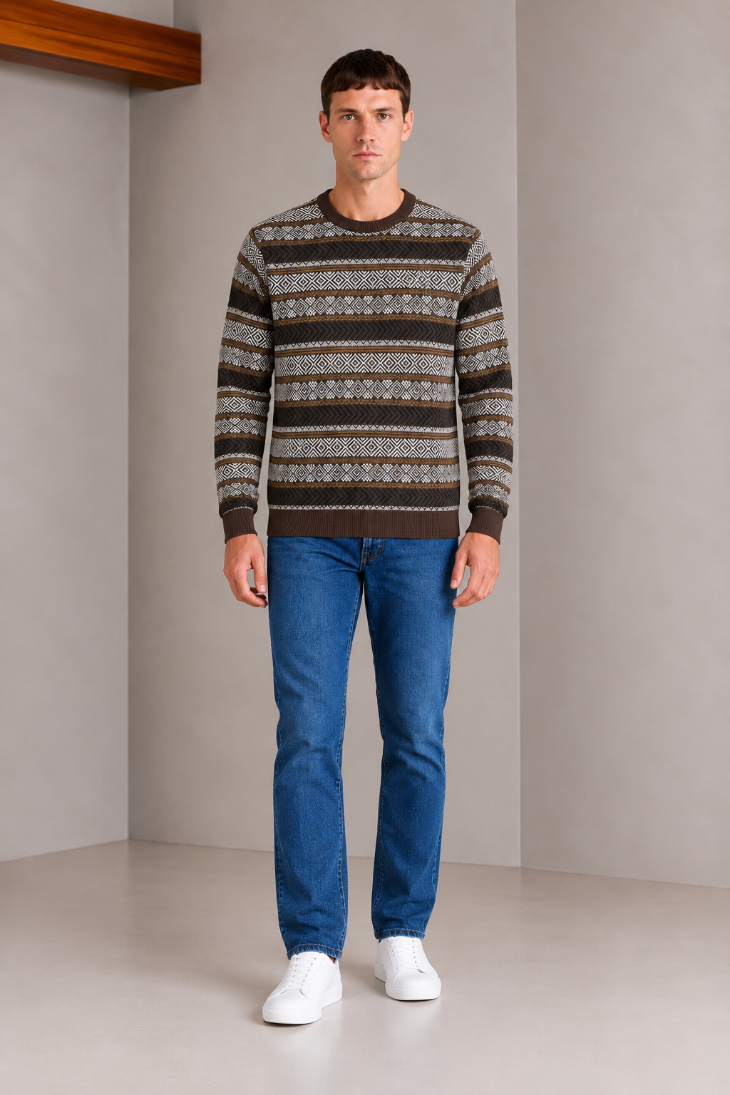 Men’s Espresso Cotton Jacquard Sweater – Regular Fit Geometric Crew Neck Knitted Pullover