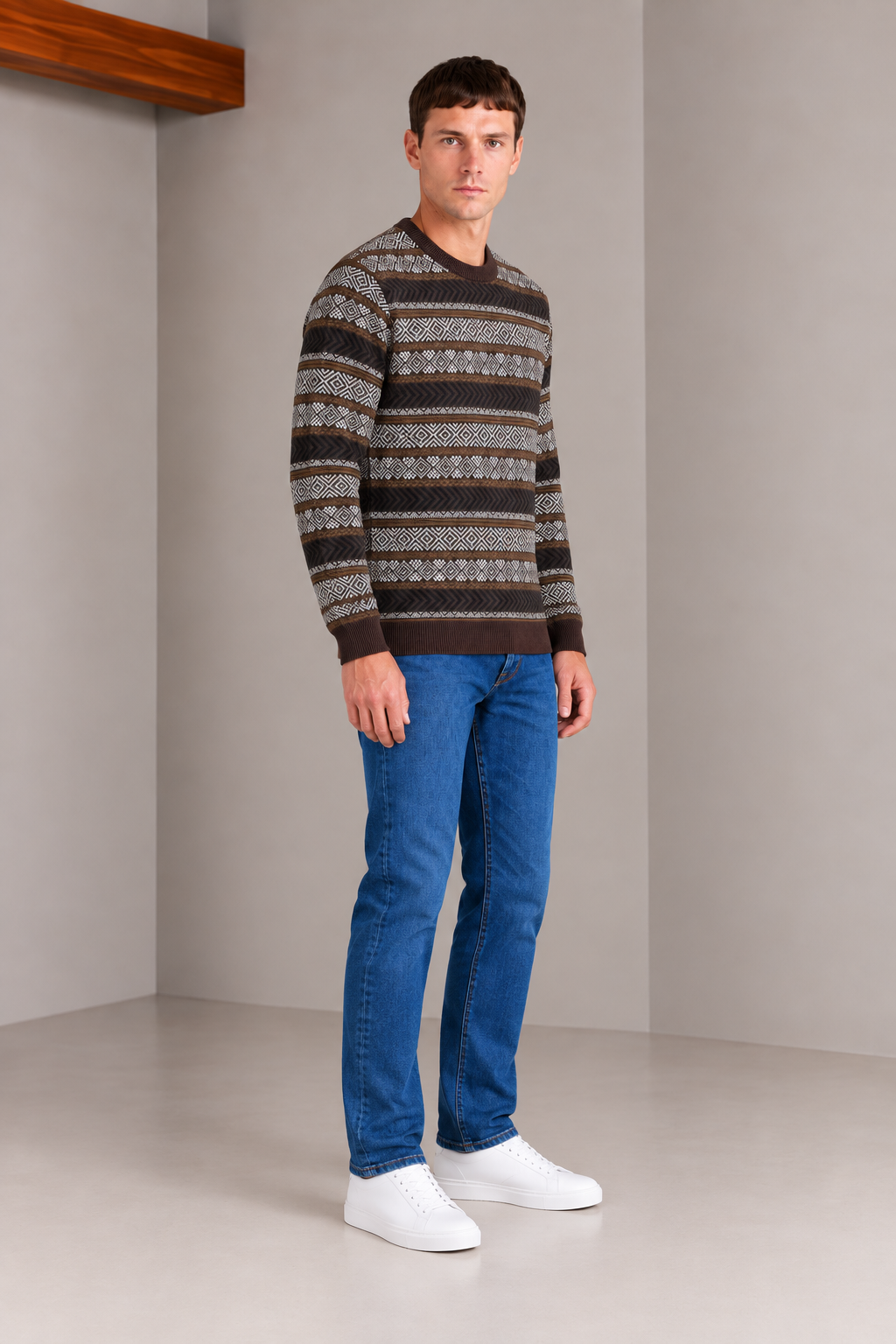Men’s Espresso Cotton Jacquard Sweater – Regular Fit Geometric Crew Neck Knitted Pullover