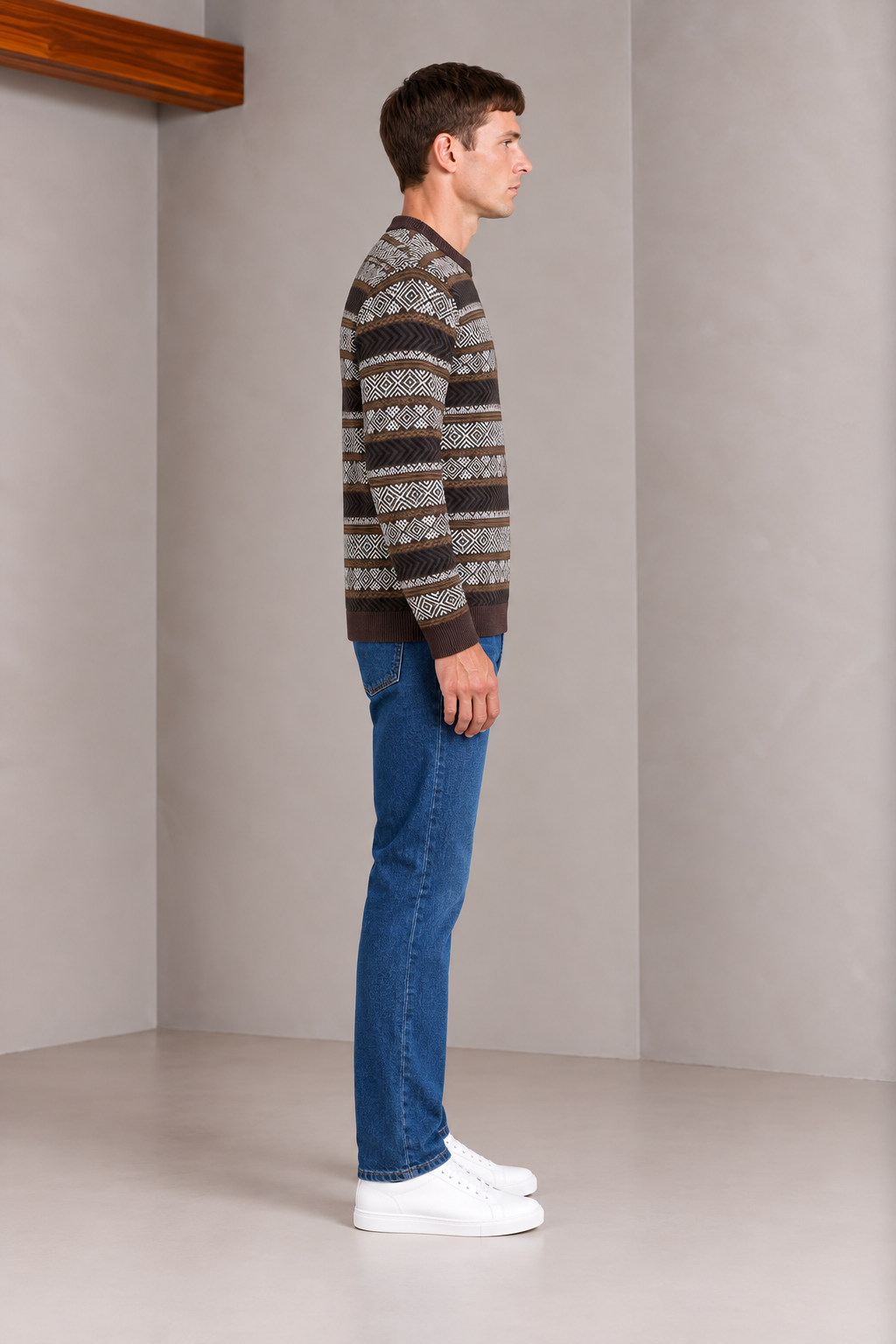 Men’s Espresso Cotton Jacquard Sweater – Regular Fit Geometric Crew Neck Knitted Pullover