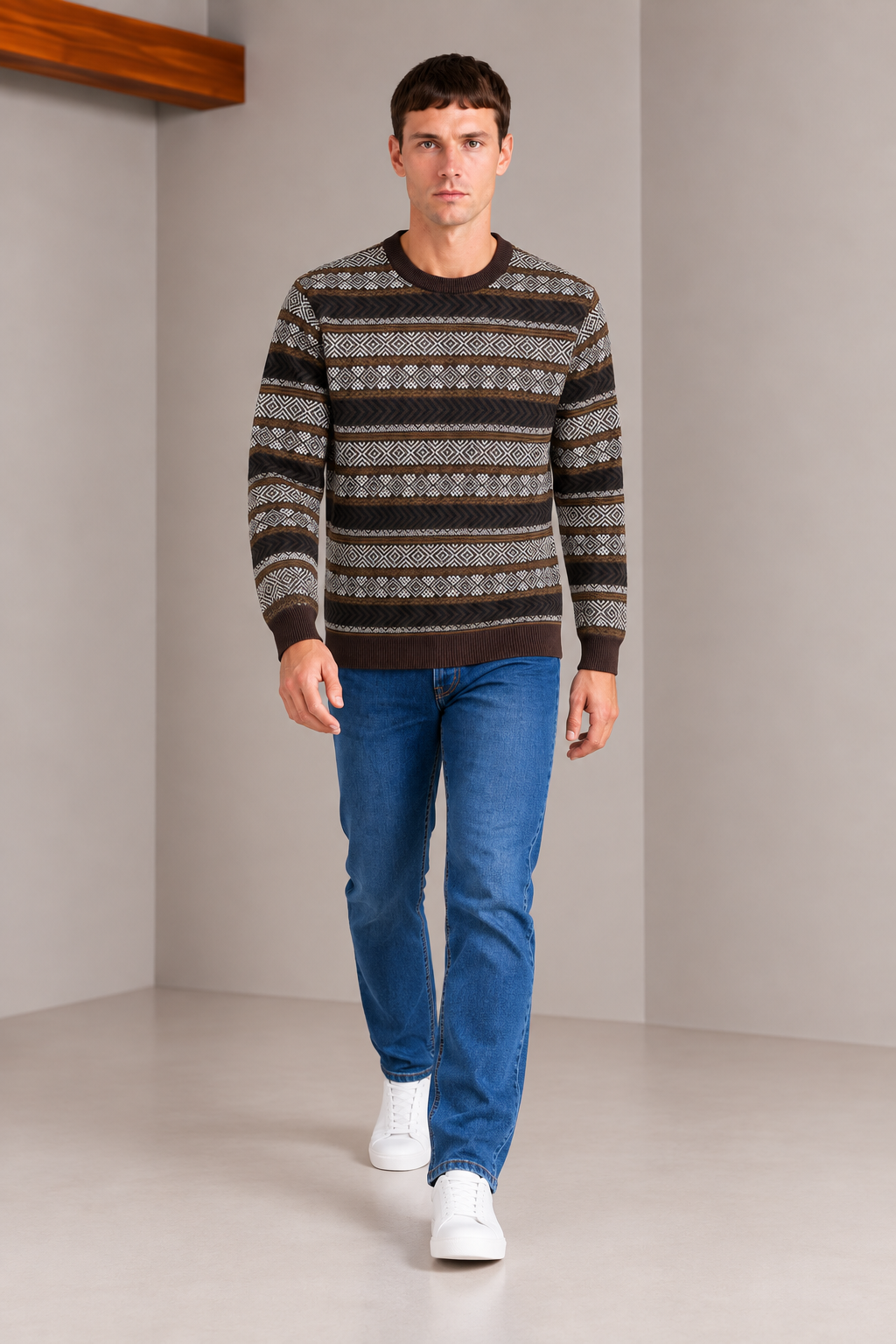Men’s Espresso Cotton Jacquard Sweater – Regular Fit Geometric Crew Neck Knitted Pullover