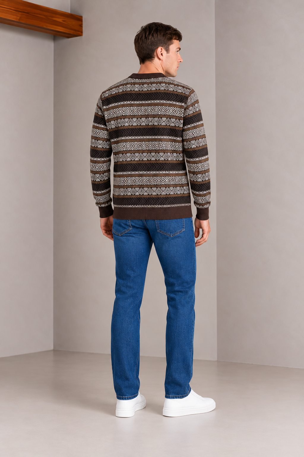 Men’s Espresso Cotton Jacquard Sweater – Regular Fit Geometric Crew Neck Knitted Pullover