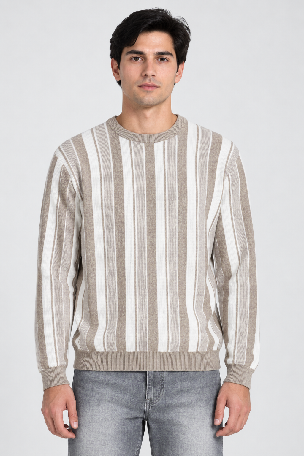 Men's Cotton Knitted Striped Sweater – Khaki Melange | Regular Fit