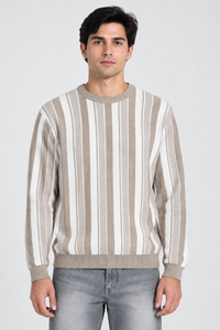 Men's Cotton Knitted Striped Sweater – Khaki Melange | Regular Fit