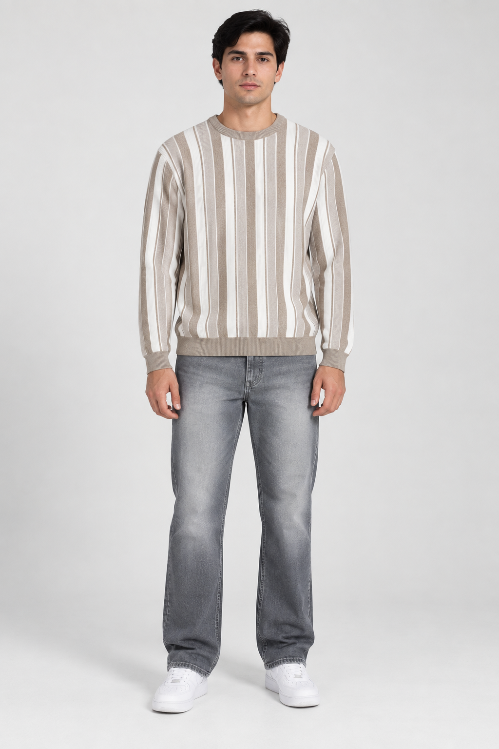 Men's Cotton Knitted Striped Sweater – Khaki Melange | Regular Fit