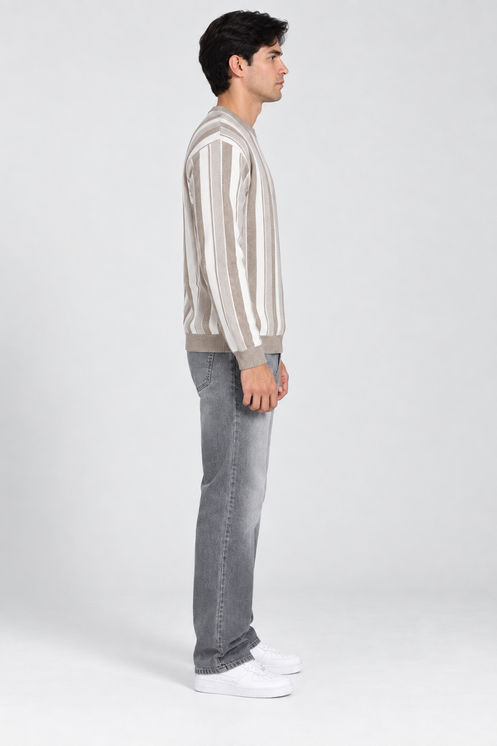 Men's Cotton Knitted Striped Sweater – Khaki Melange | Regular Fit