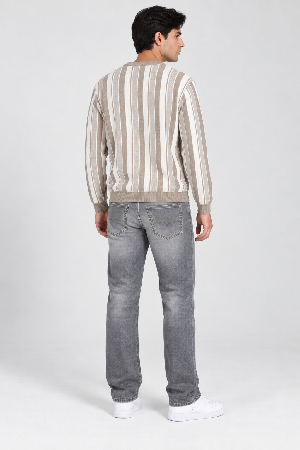 Men's Cotton Knitted Striped Sweater – Khaki Melange | Regular Fit