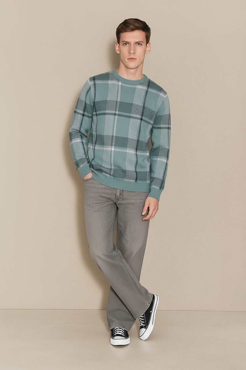 Men Light Teal Checked Round Neck Sweater