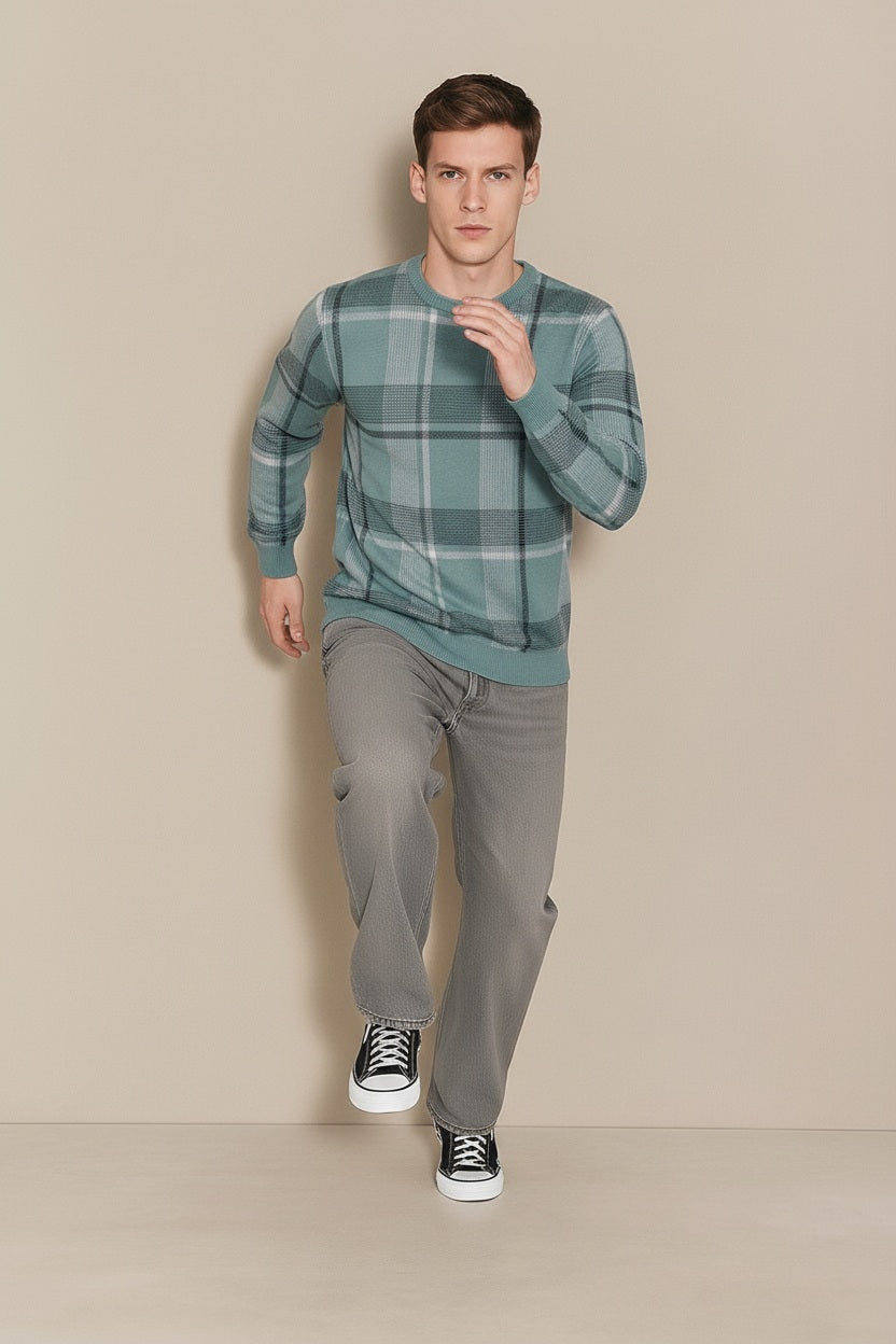 Men Light Teal Checked Round Neck Sweater