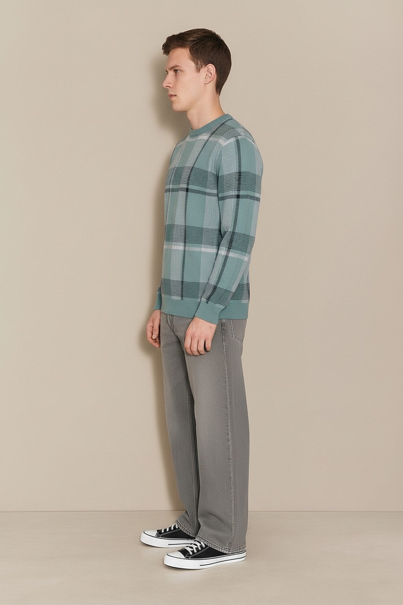 Men Light Teal Checked Round Neck Sweater