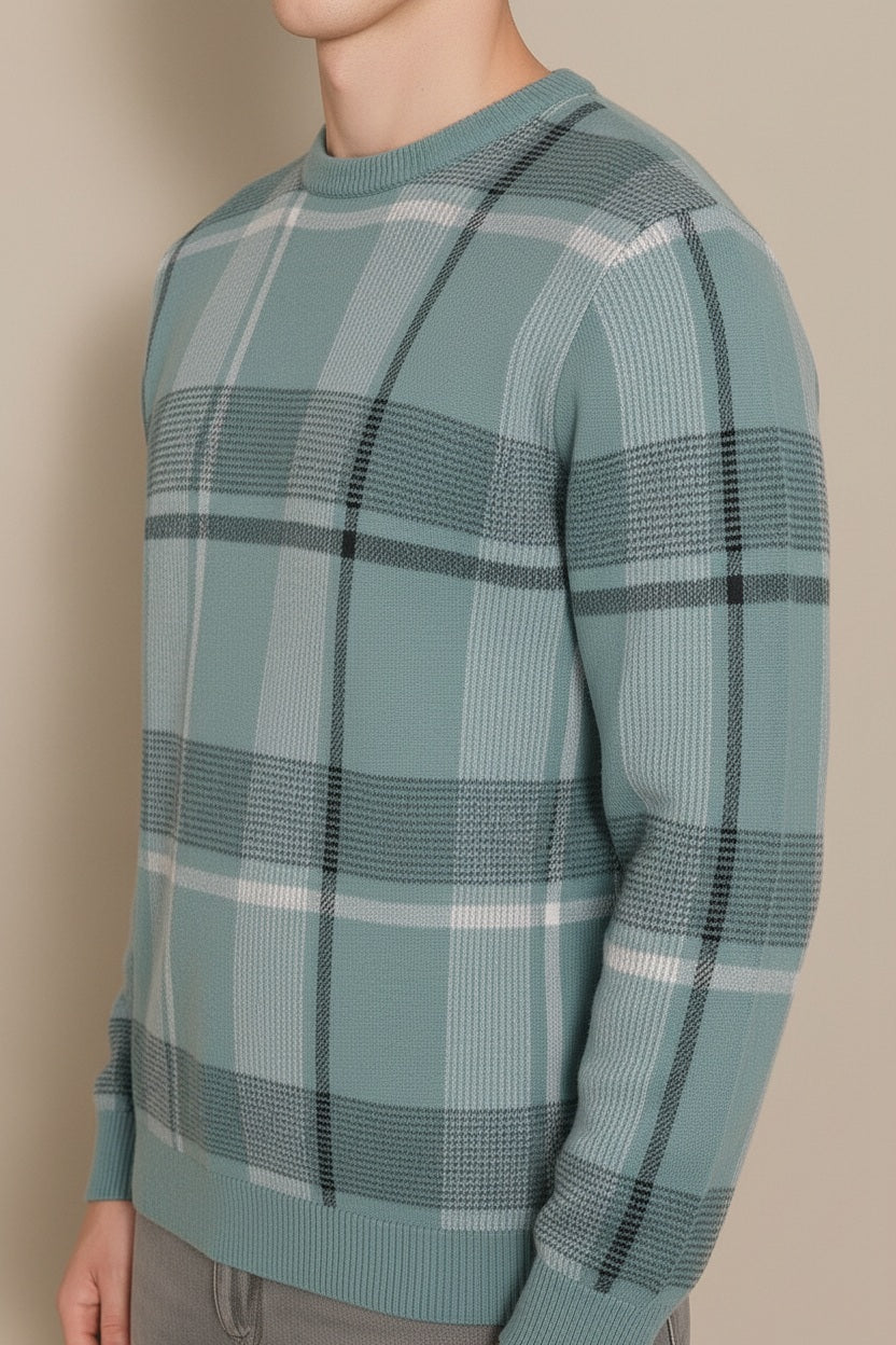 Men Light Teal Checked Round Neck Sweater