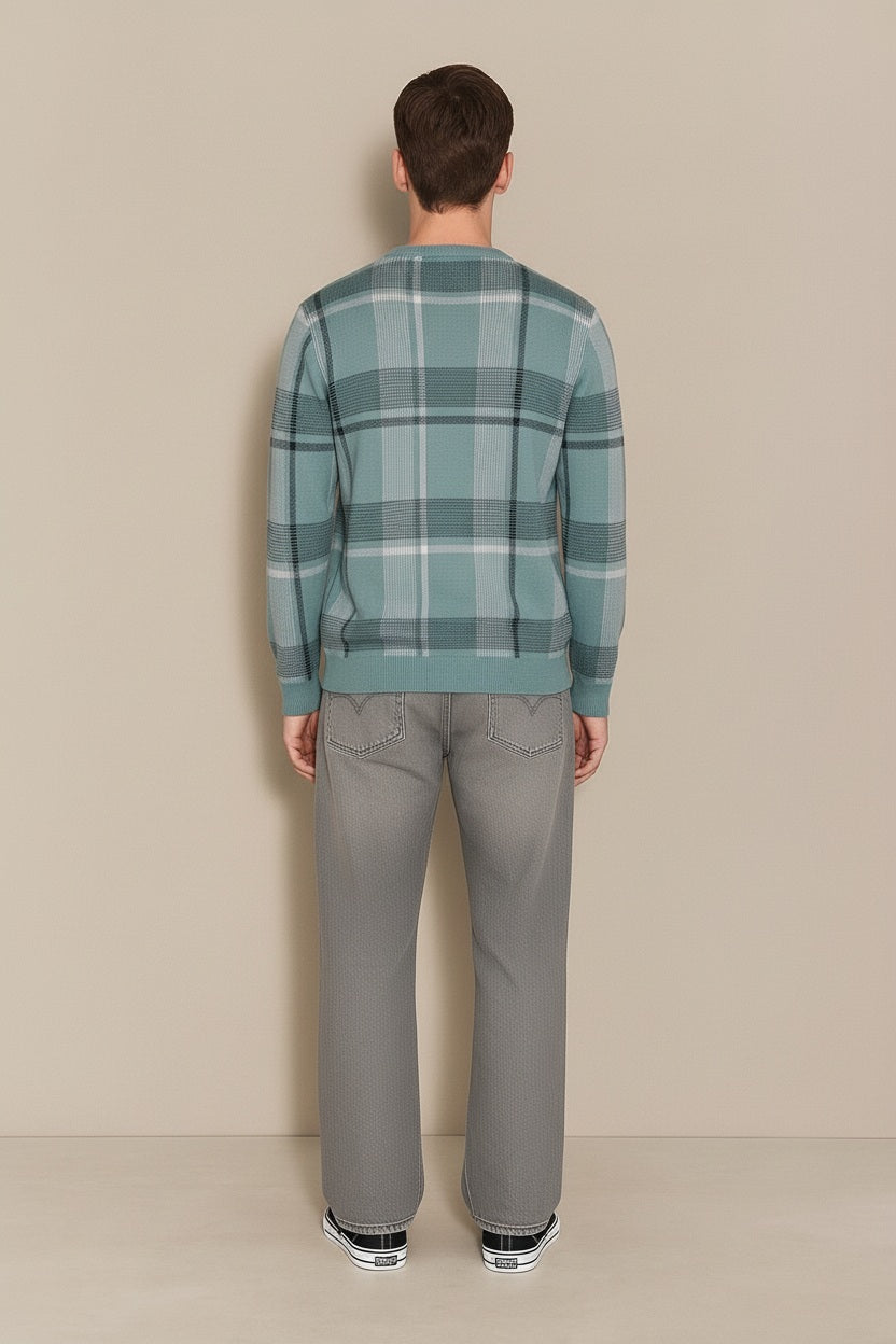 Men Light Teal Checked Round Neck Sweater
