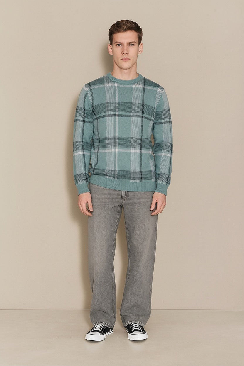 Men Light Teal Checked Round Neck Sweater