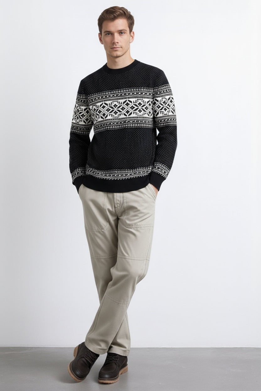Men Fair Isle Printed Round Neck Pullover Sweater