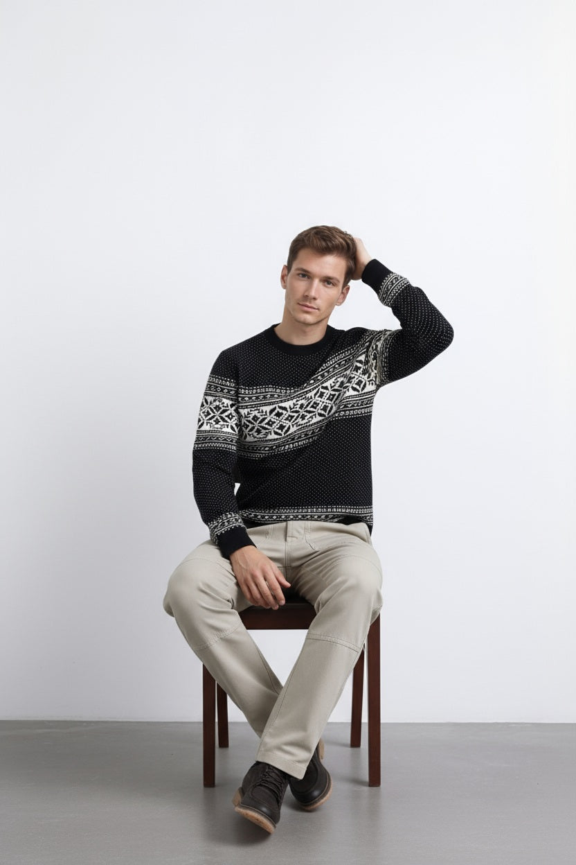 Men Fair Isle Printed Round Neck Pullover Sweater