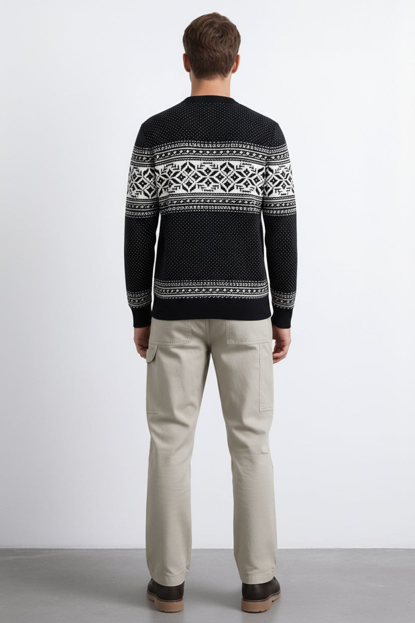 Men Fair Isle Printed Round Neck Pullover Sweater