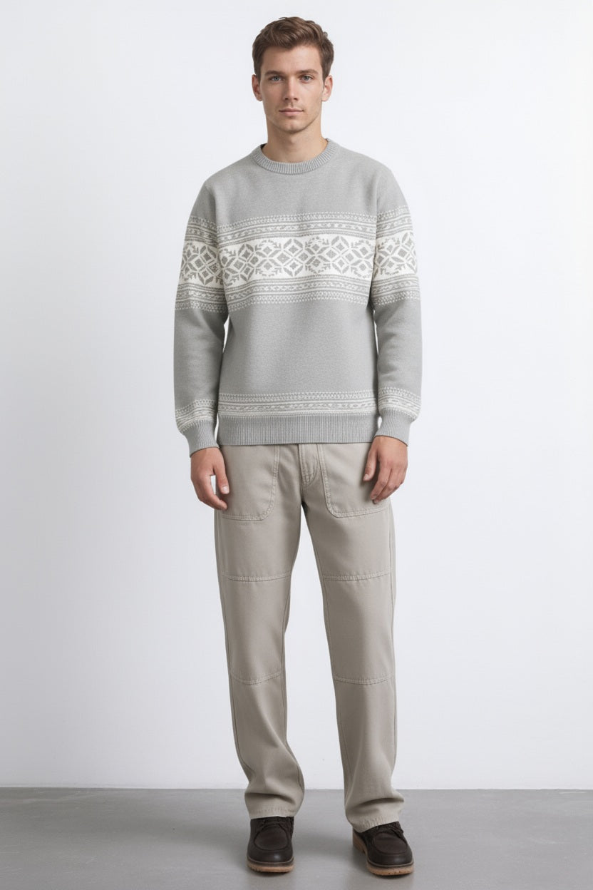 Men Fair Isle Printed Round Neck Pullover Sweater
