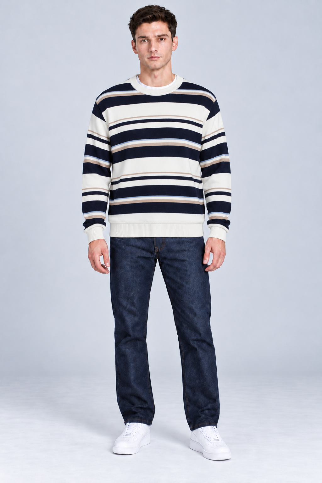 Men’s Regular Fit Knitted Striped Crew Neck Sweater – Navy
