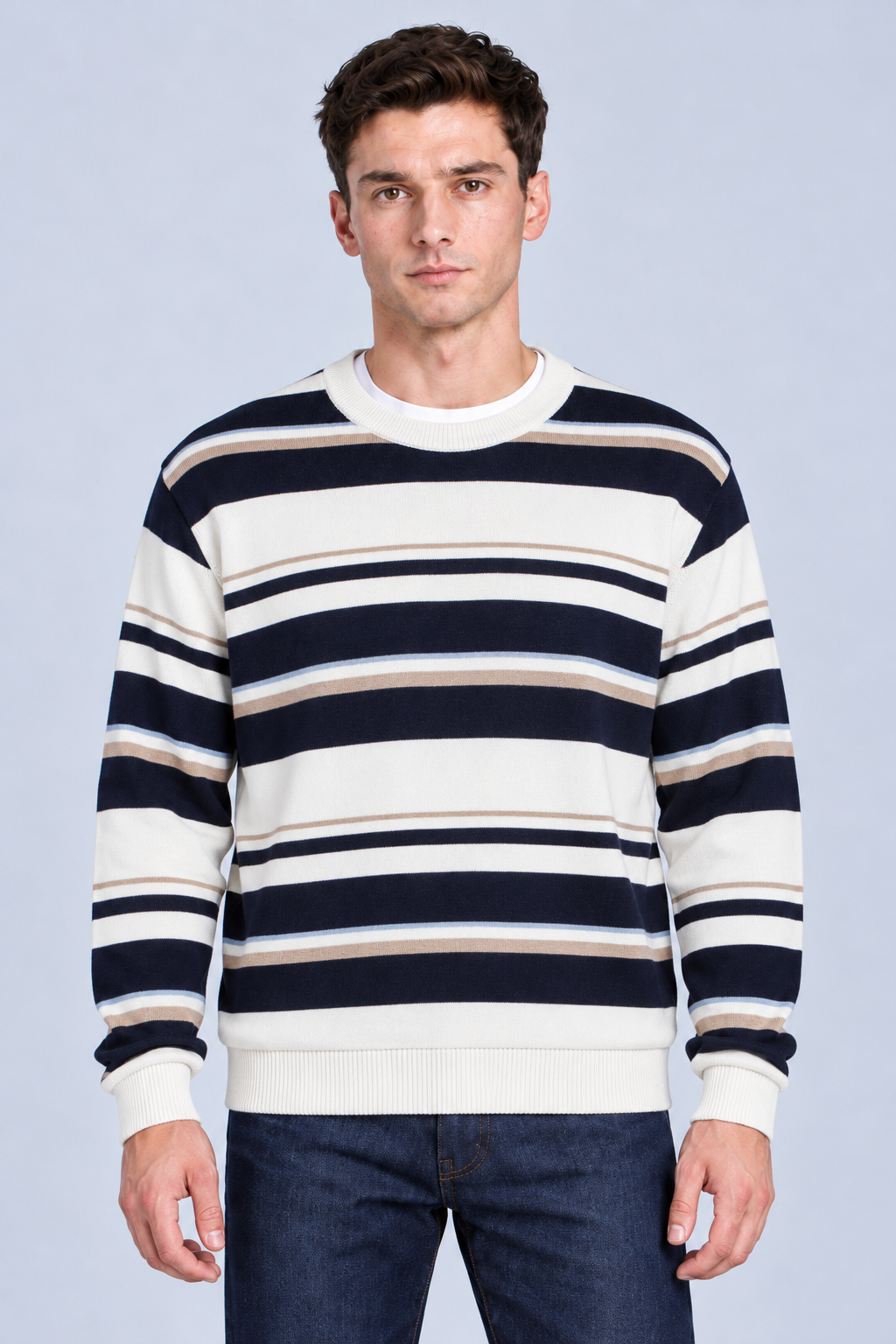 Men’s Regular Fit Knitted Striped Crew Neck Sweater – Navy