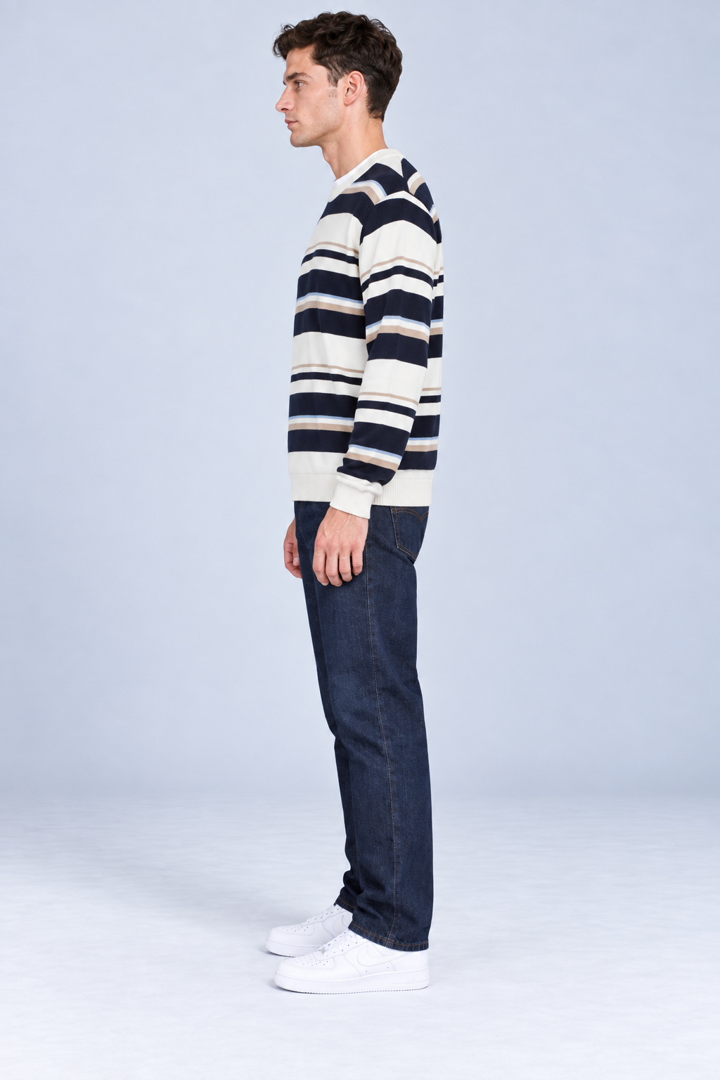 Men’s Regular Fit Knitted Striped Crew Neck Sweater – Navy