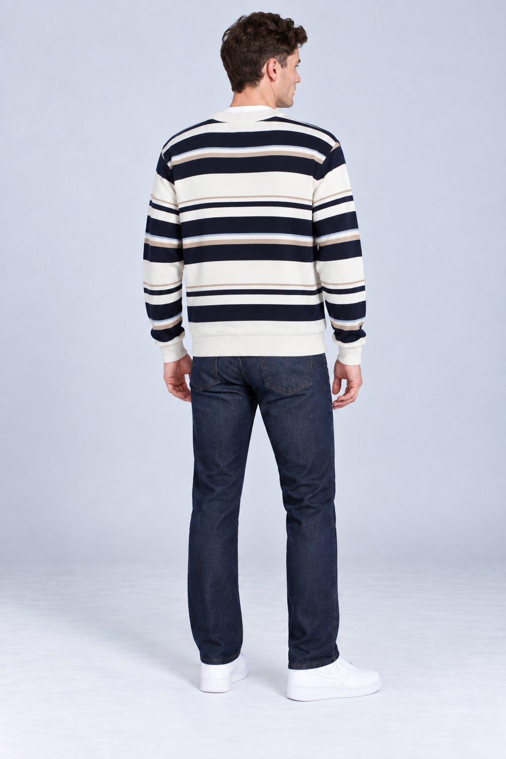Men’s Regular Fit Knitted Striped Crew Neck Sweater – Navy