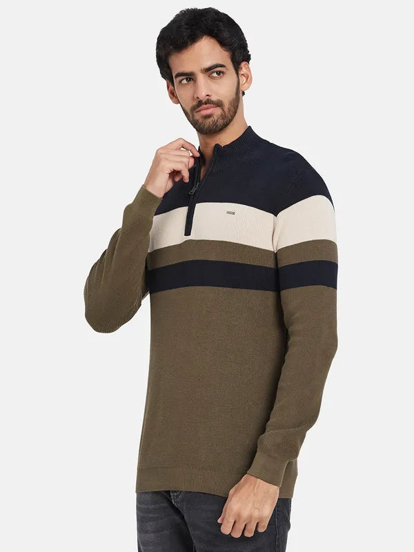 Mettle Colourblocked Mock Collar Cotton Pullover