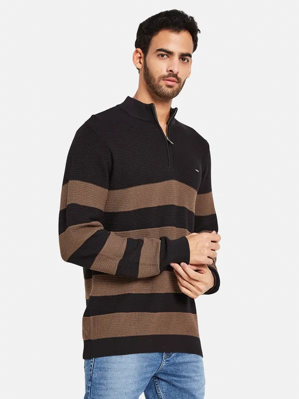 Striped Mock Collar Cotton Pullover