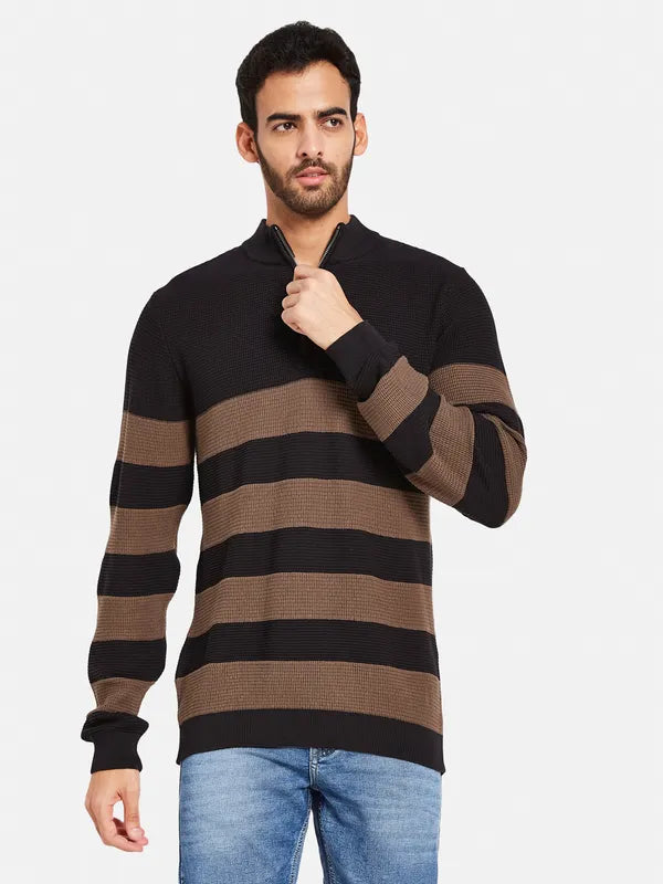 Striped Mock Collar Cotton Pullover